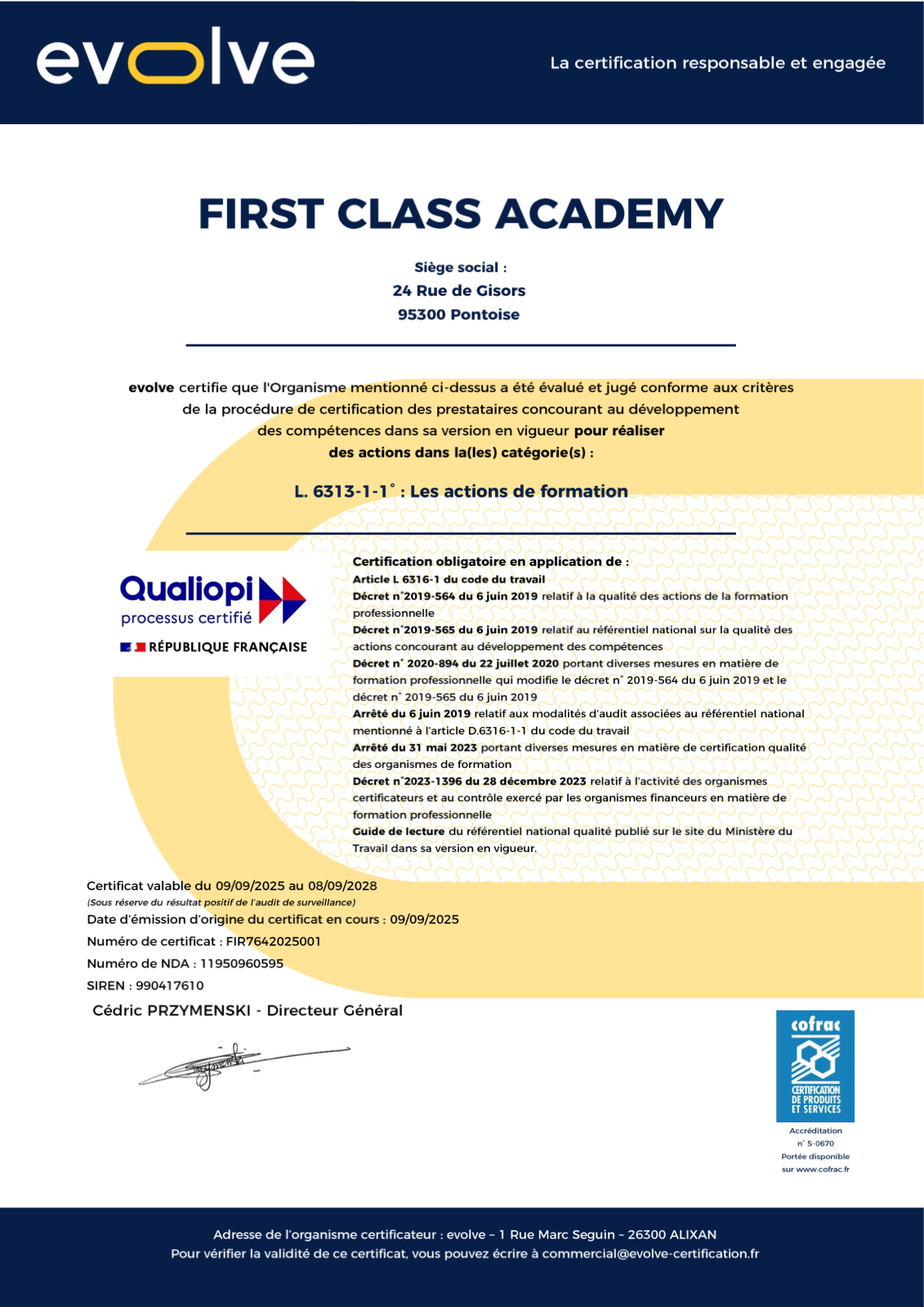 Certificat Qualiopi — FIRST CLASS ACADEMY